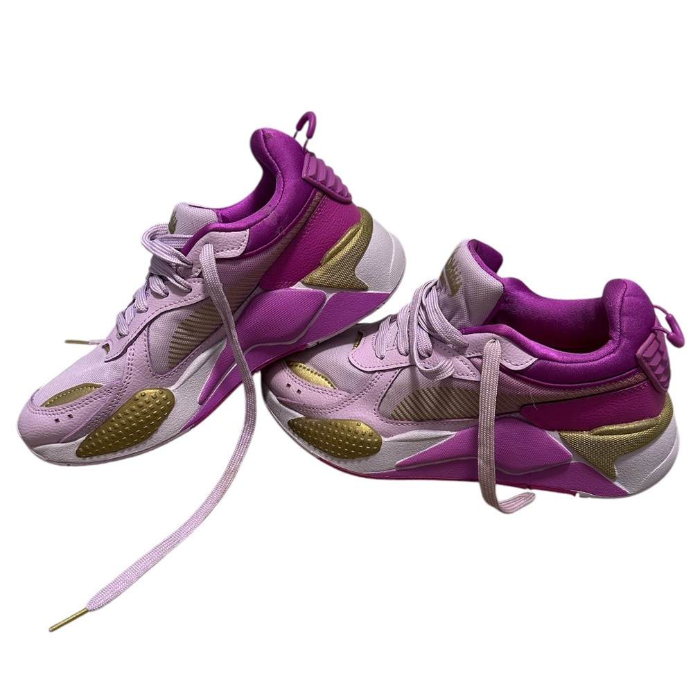 Women's Puma RS-X 7 Shoes Laces Memory Foam Purple Gold Running Retro Look New - Picture 3 of 10